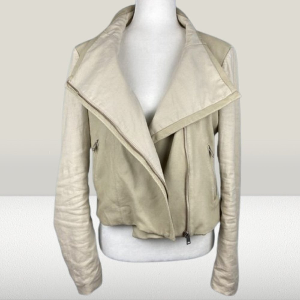 REVOLVE Lamarque Leather/Linen Blend Biker Jacket in Neutrals Size Large